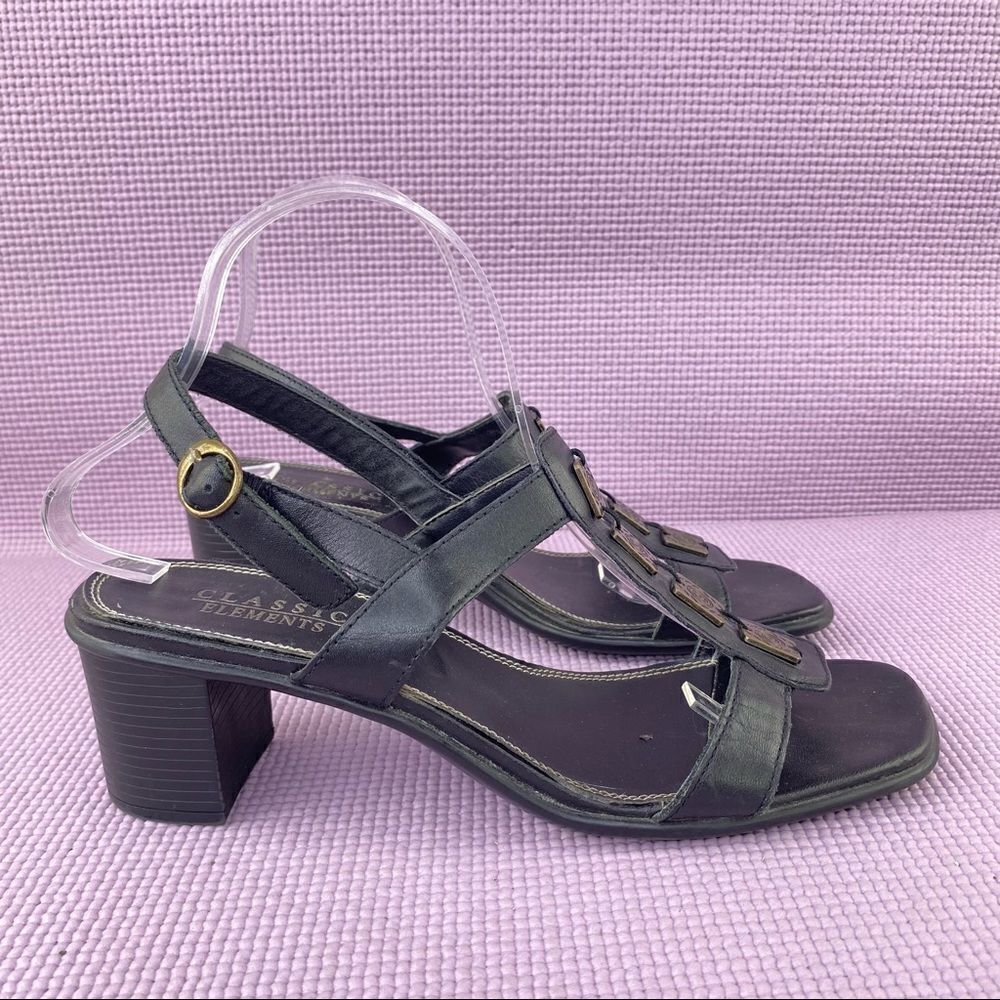 Classic Elements Shoshanna Square Toe Block Heel Sandal Black Size 9 Leather - Picture 2 of 12